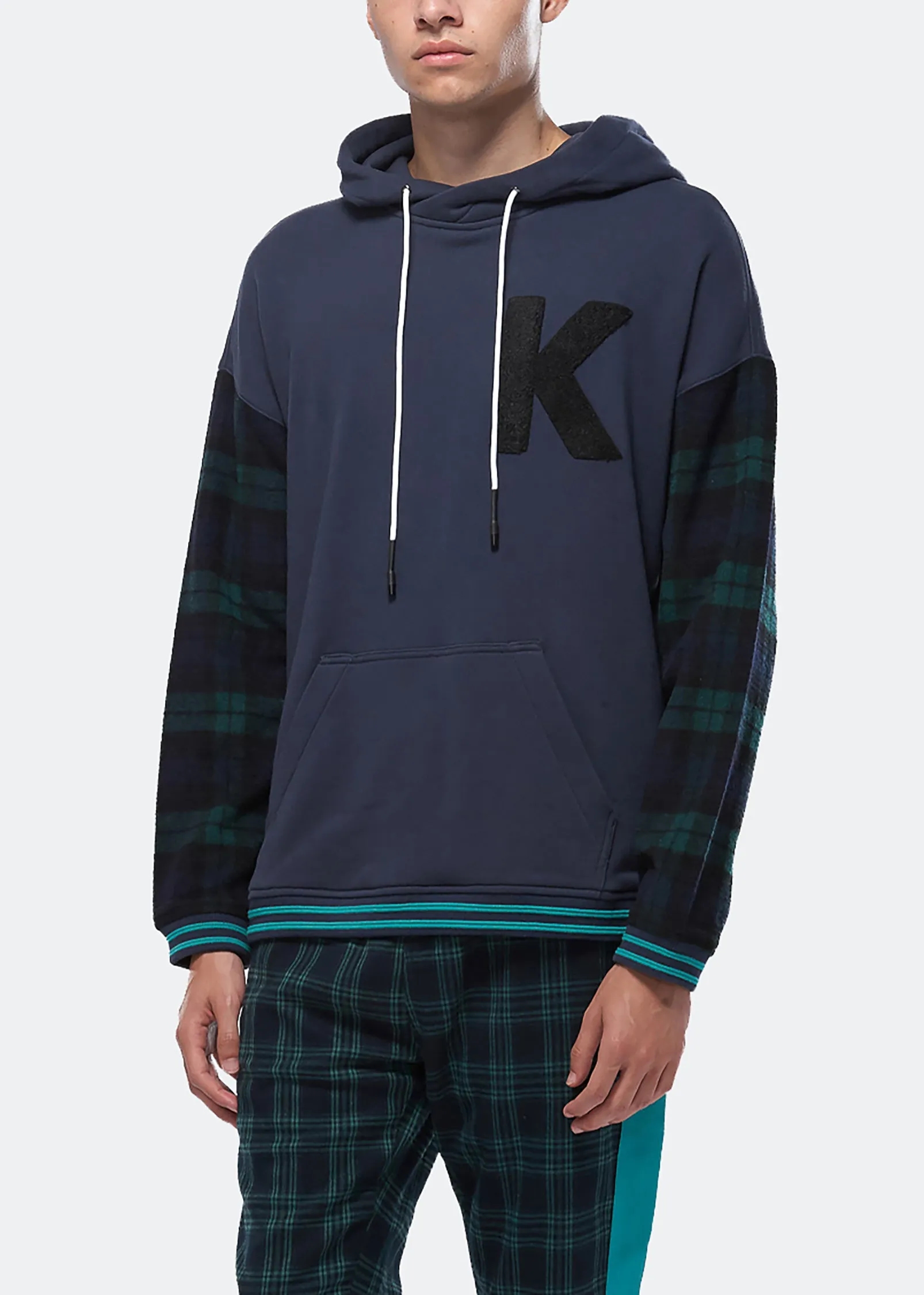 Konus Men's Pullover Hoodie w/ Wool Blend Plaid Sleeves in Navy