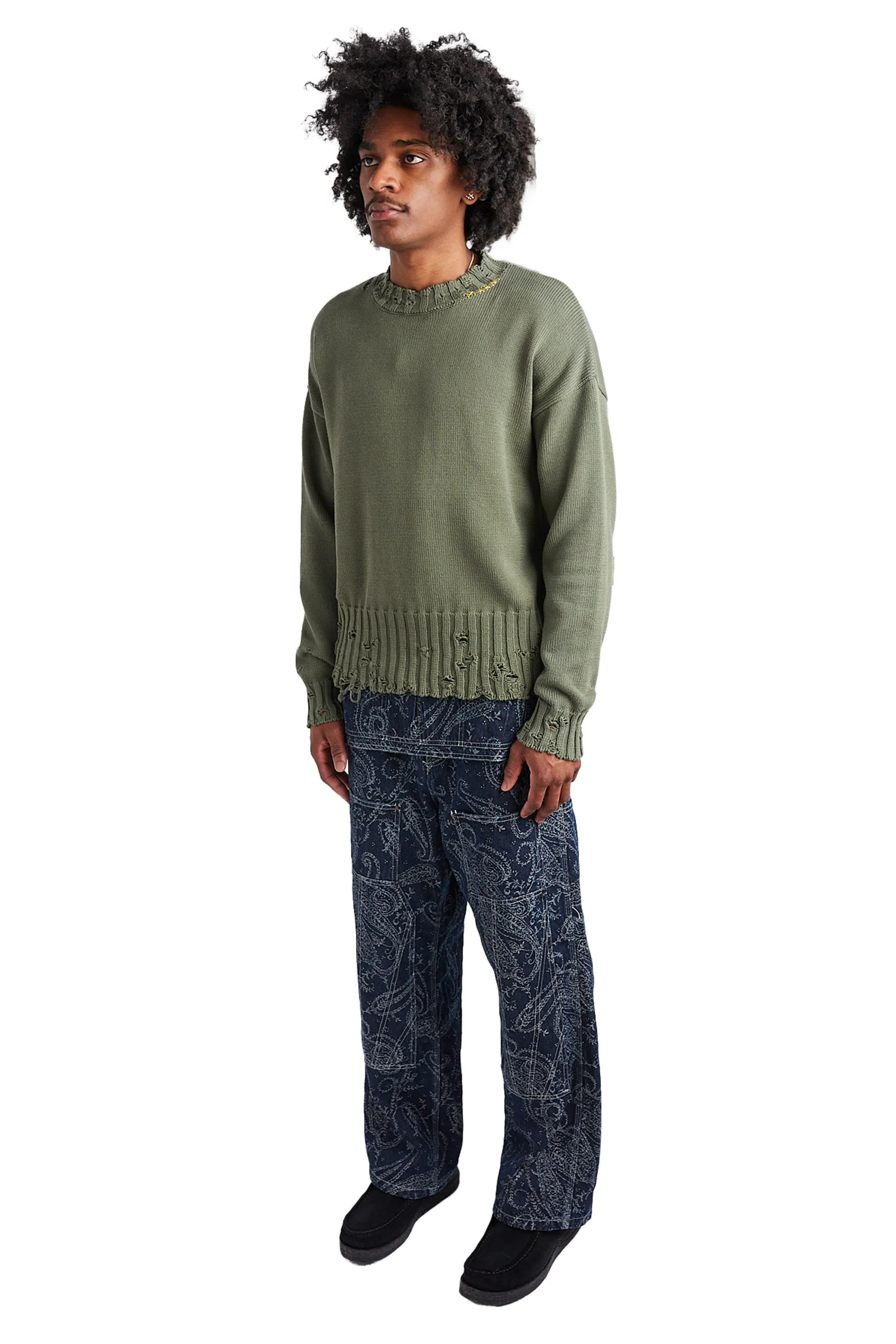 Marni Disheveled Cotton Crewneck Sweater 'Leav Green'