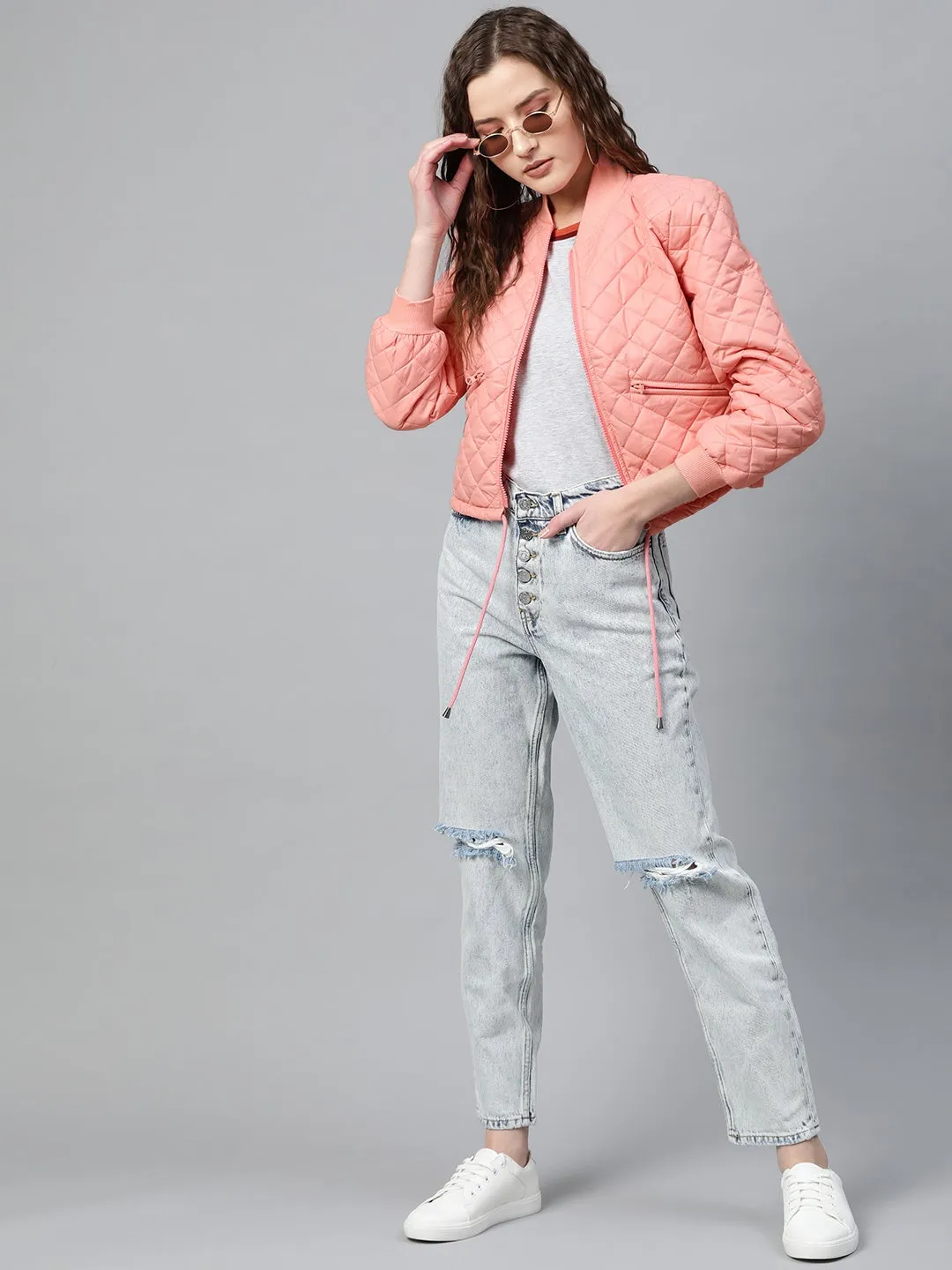 Peach Drawstring Quilted Bomber Jacket