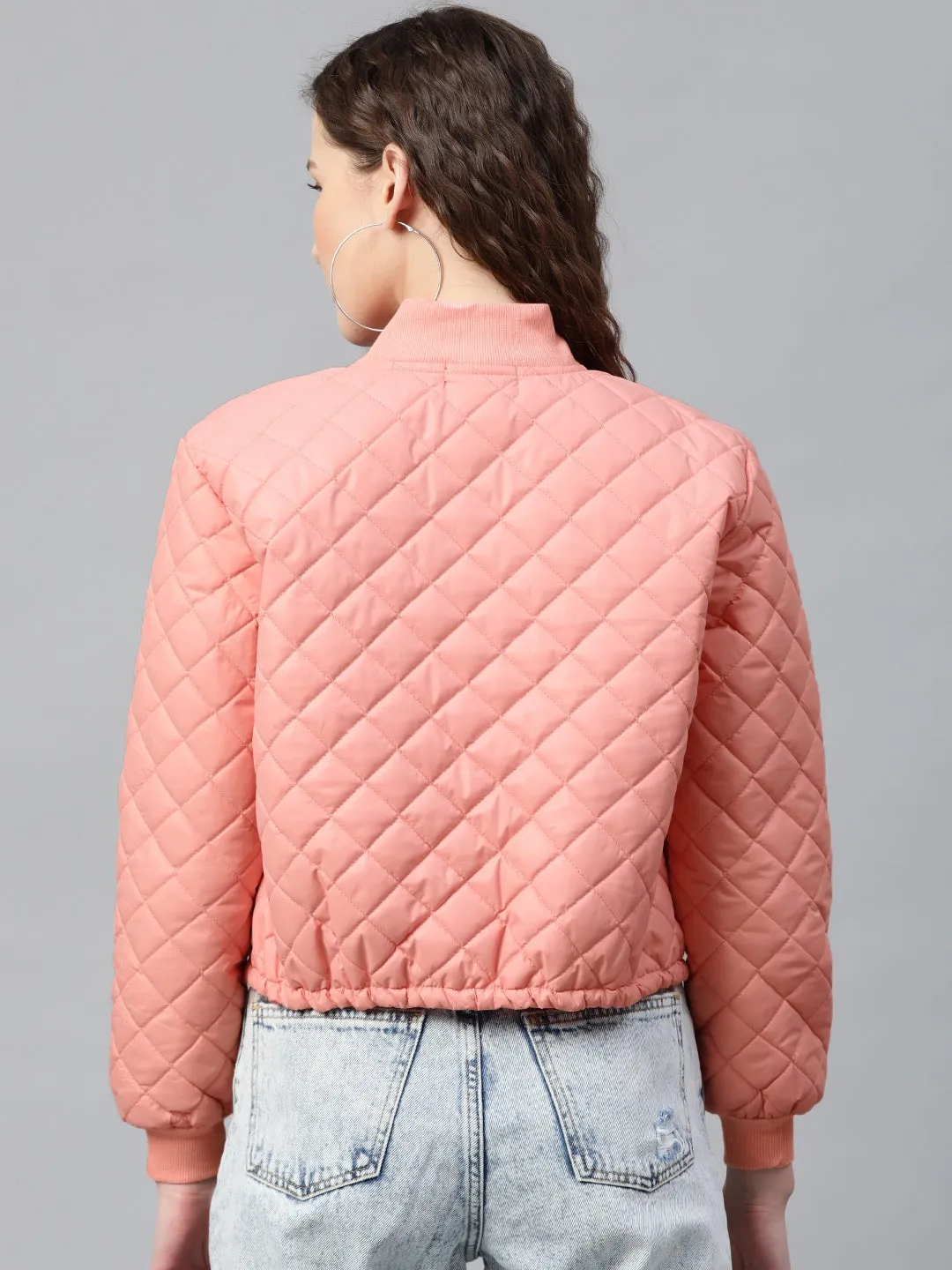 Peach Drawstring Quilted Bomber Jacket