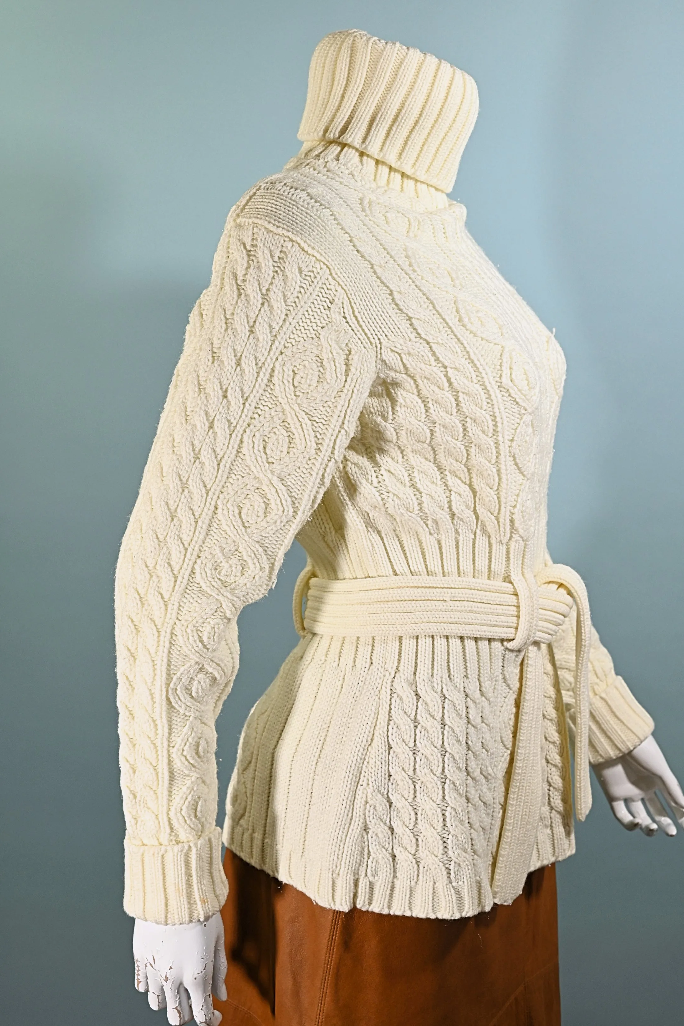 SOLD Vintage 70s Cream Turtleneck Belted Sweater, Acrylic Cable Knit Sweater M