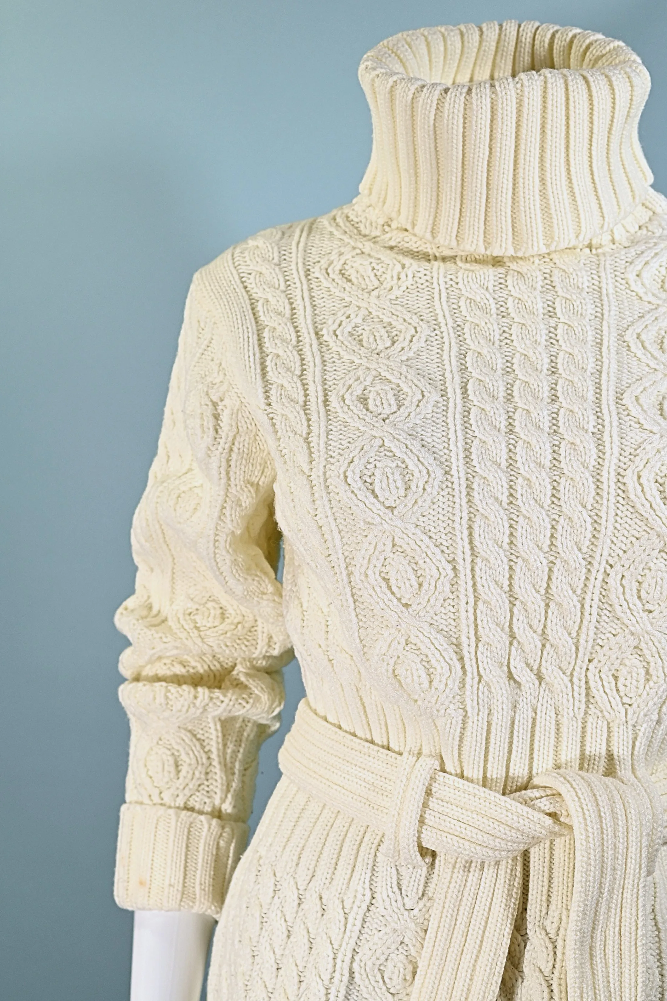 SOLD Vintage 70s Cream Turtleneck Belted Sweater, Acrylic Cable Knit Sweater M