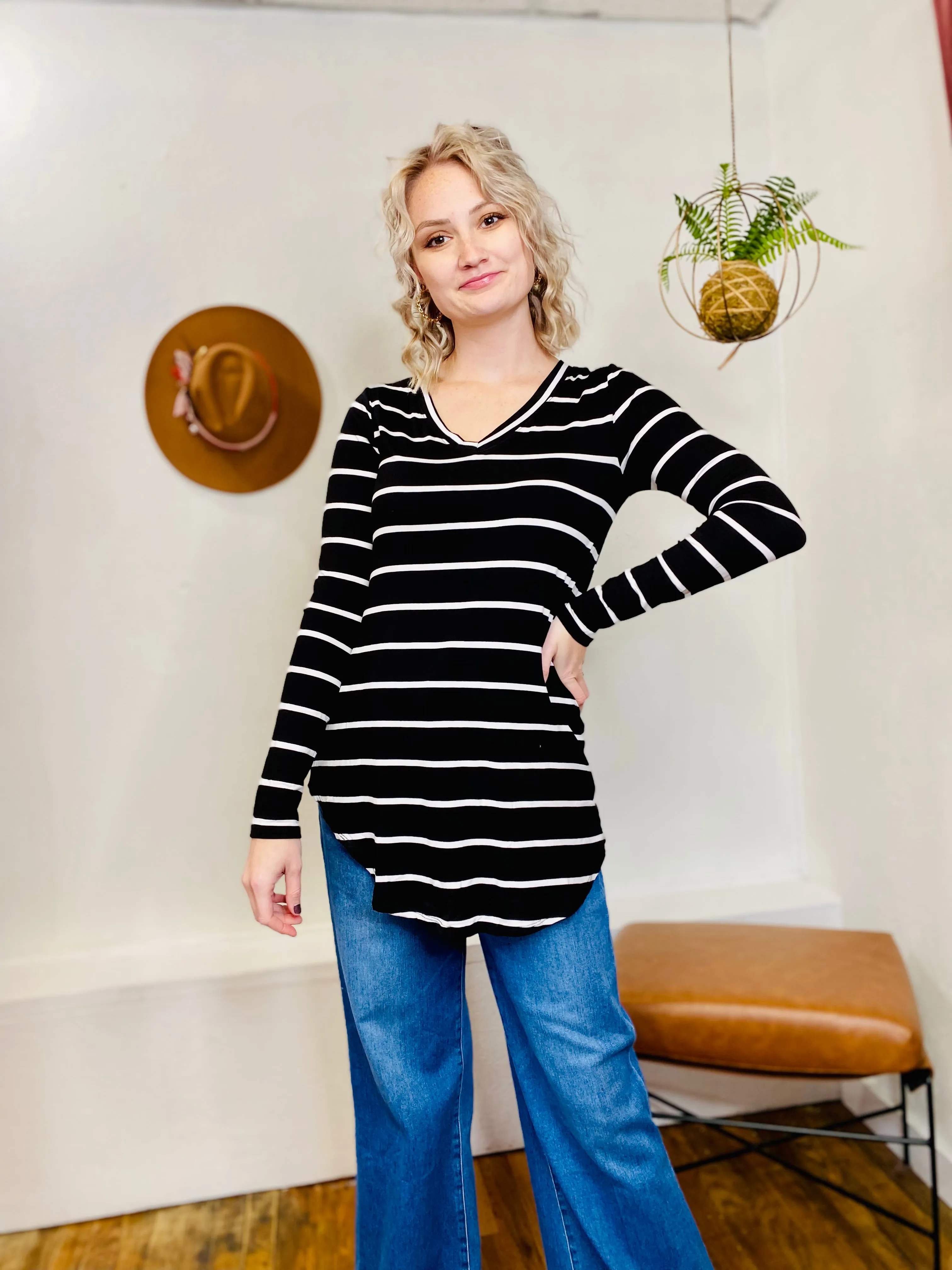 Stacey Stripe Long Sleeve Top - Black