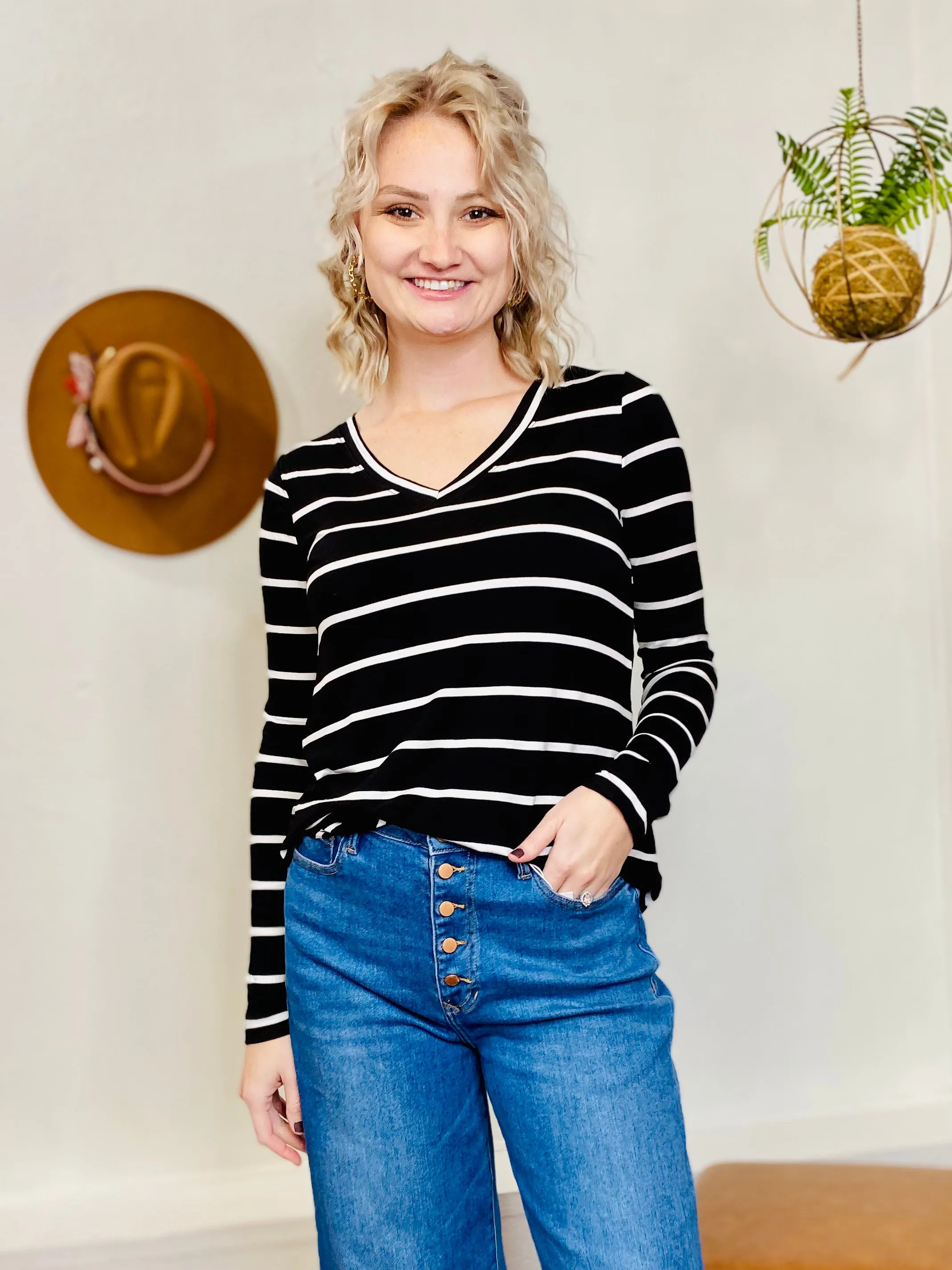 Stacey Stripe Long Sleeve Top - Black