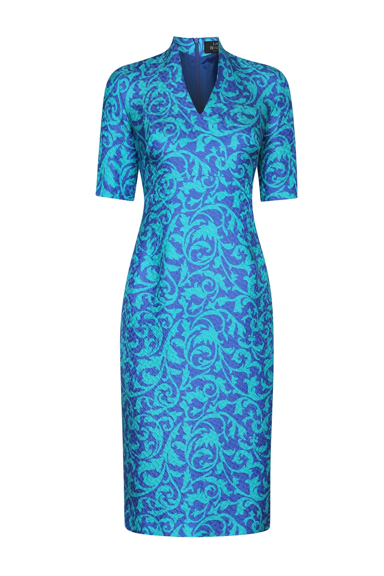 V-Neck Dress in Turquoise/Royal Silk/Wool Printed Matelassé - Em