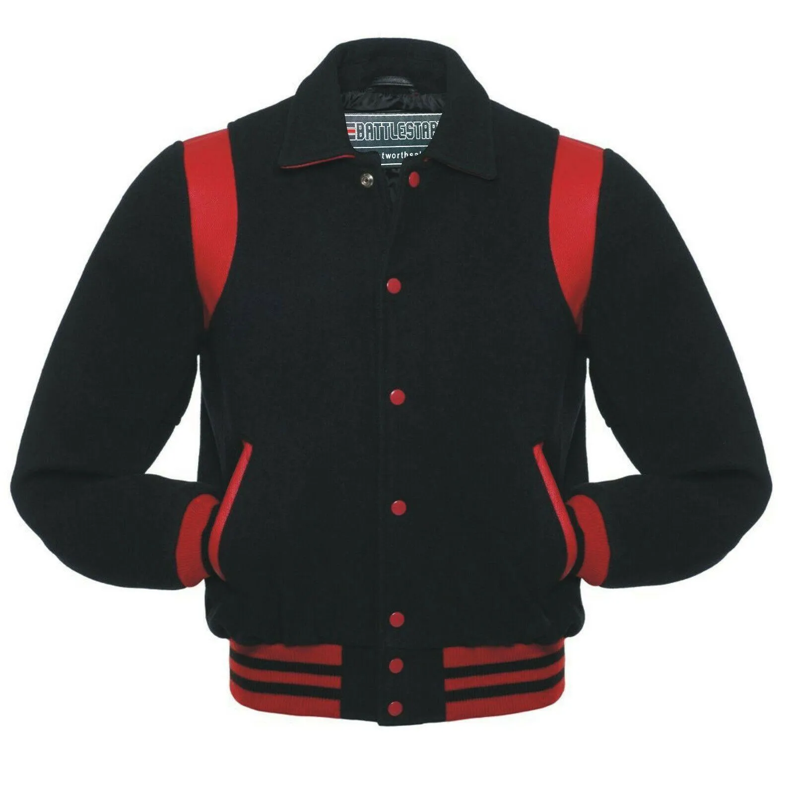 Warrior Gears Classic Hybrid Varsity Jacket for Kids, Toddler Letterman Bomber Jacket for Boys, Unisex Varsity   Jacket Girls, Black Wool Body & Black Sleeves with Collar & Red Trim