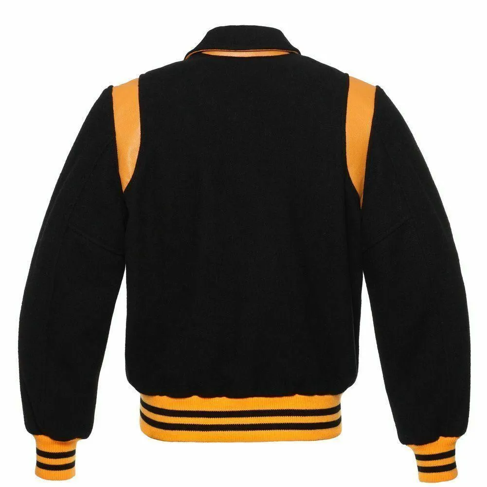 Warrior Gears Classic Hybrid Varsity Jacket for Kids, Toddler Letterman Bomber Jacket for Boys, Unisex Varsity   Jacket Girls, Black Wool Body & Black Sleeves with Collar & yellow Trim