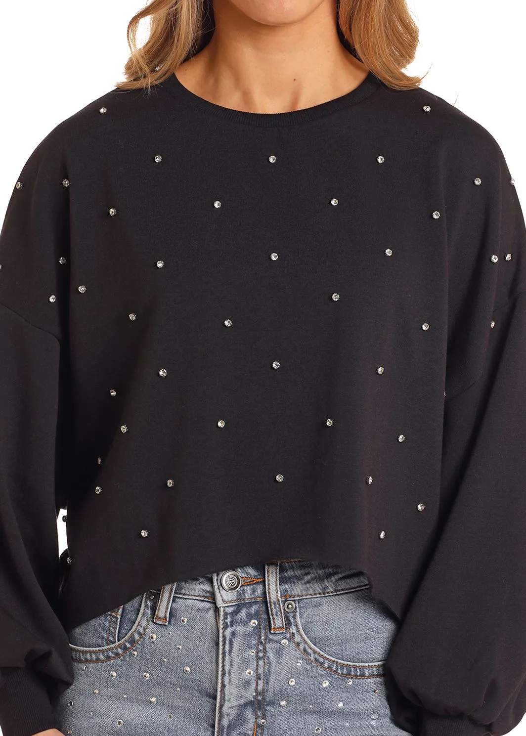 Women's Rock & Roll Rhinestone Pullover Black Sweater