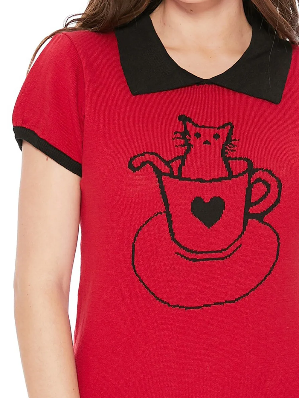 YEMAK Women's Pointed Collar Cat Tea Cup Short Sleeve Pullover Sweater MK3591CAT (S-L)