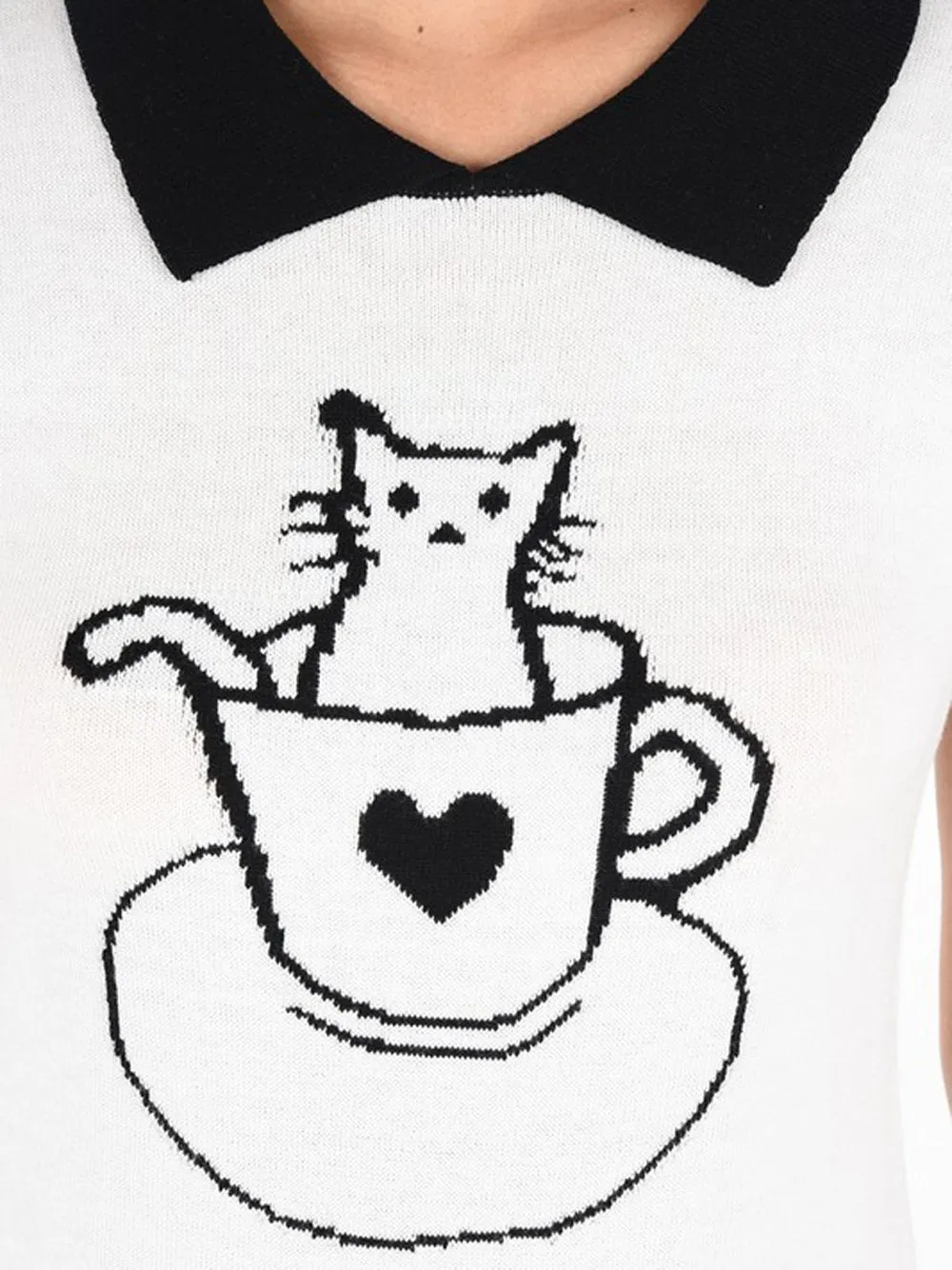 YEMAK Women's Pointed Collar Cat Tea Cup Short Sleeve Pullover Sweater MK3591CAT (S-L)