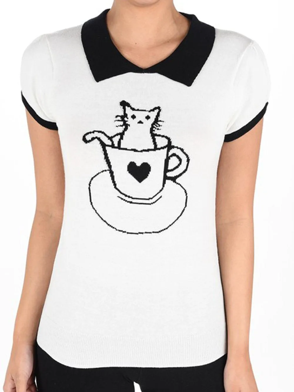 YEMAK Women's Pointed Collar Cat Tea Cup Short Sleeve Pullover Sweater MK3591CAT (S-L)